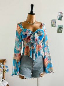 Dreamara 大码女式度假毕业返校秋季度假扎染花卉印花系带长袖牛仔嬉皮上衣夏季波西米亚风上衣 - 彩色 - 查看 4