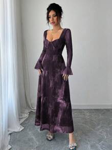Modelyn 女式船领喇叭袖束腰飘逸扎染网眼优雅印花连衣裙 - 紫色 - 查看 6