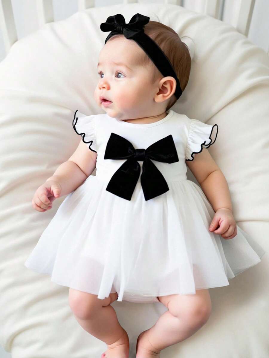 Newborn Baby Girl Cute Summer Versatile Knit Mesh Patchwork Bow Decor Cap Sleeve Bodysuit