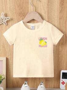 SHEIN 年轻女孩夏季字母水果印花圆领短袖休闲T恤 - 杏色 - 查看 4