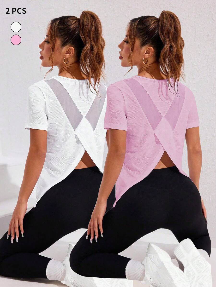 Easithlete 2 Pieces Women Sports Pullover Top With Jacquard Fabric & Mesh Patchwork Criss-Cross Back Design, Suitable For Spring/Summer Gym Shirts - Multicolor - View 1