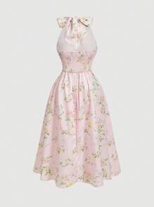 SHEIN MOD Vestido maxi romántico y vintage con estampado floral rosa, cuello con lazo y tallas grandes - Rosa - Ver 2
