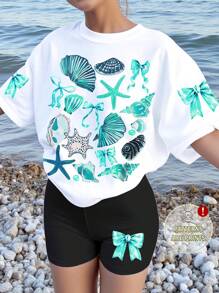 SHEIN Leap Crew Bộ 2 áo thun tay ngắn rộng rãi và quần legging cho bé gái tuổi teen, phù hợp cho mùa hè - Nhiều màu - Xem 1