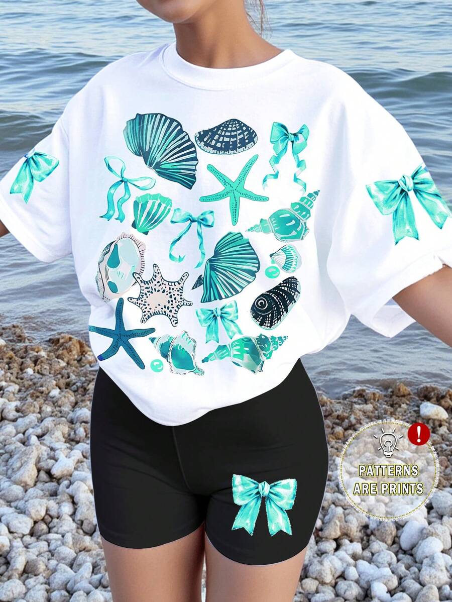 SHEIN Leap Crew Bộ 2 áo thun tay ngắn rộng rãi và quần legging cho bé gái tuổi teen, phù hợp cho mùa hè - Nhiều màu - Xem 1