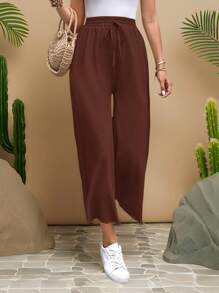 Travachic 女式纯色松紧腰抽绳宽松休闲7/9长裤，夏季 - 鏽棕色 - 查看 4