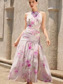 SHEIN Unity Vacation Versatile Romantic Elegant Floral Print Ruched Asymmetric Hem Sleeveless Dress - Purple - View 4