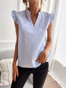 EMERY ROSE Striped Ruffle Cap Sleeve Blouse - Blue and White - View 4