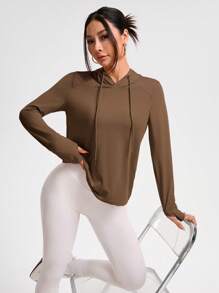 Cheerettes Women's Minimalist Solid Color Drawstring Hooded Sweatshirt - Coffee Brown - View 3