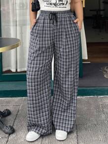 Dazy Plus Plus Size Plaid Elastic Waist Drawstring Loose Casual Long Pants - Navy Blue - View 4