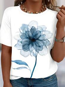 Plus Size Women Casual Watercolor Floral Print Round Neck Short Sleeve T-Shirt