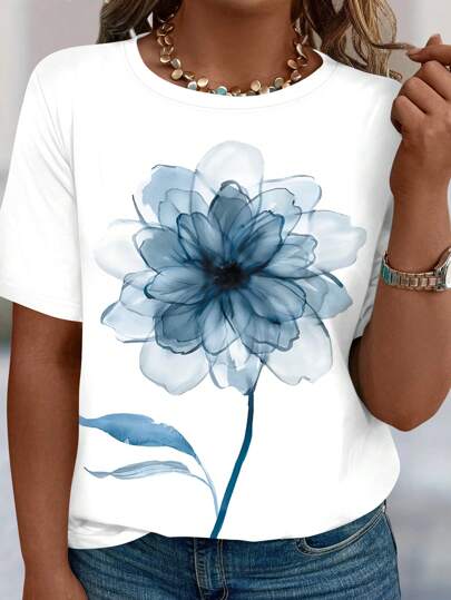 Plusstorlek Dam Casual Vattenfärg Blommigt Rund Hals Kortärmad T-shirt
