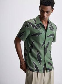 Maija Men's Leaf Print Single Breasted Short Sleeve Casual Shirt, Summer - Coffee Brown - View 5