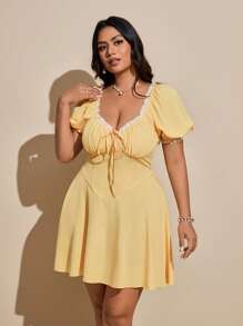 Viva Relle Plus Size Lace Trim Bow Decor Sexy Vacation Dress - Yellow - View 2