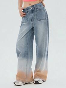 DAZY Hellblau gewaschene Farbverlauf Schlagjeans, lässige Loose Fit Passform, ganzjährig tragbar