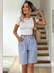 Easowa Damen Lässig gestreifte Bermuda Shorts mit Tasche