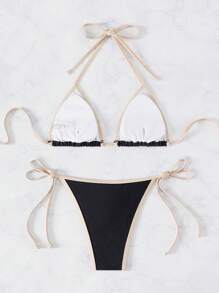 Swim Basics 女士性感对比色可捆绑比基尼上衣和内裤套装 - 黑色 - 查看 2