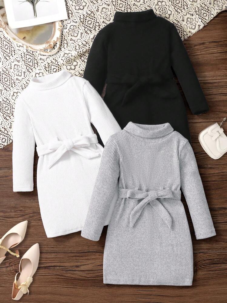 3pcs Young Girl Solid Color Knit Mock Neck Elastic Waist Casual Dress + Solid Color Belt - Multicolor - View 1