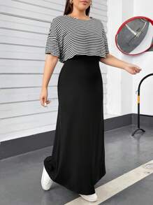 SHEIN Essnce 大码女装春夏时尚休闲宽松舒适日常修身黑白条纹短袖露脐上衣和黑色马甲长裙两件套，街头风，女士夏季穿搭，连衣裙套装，女士家居服套装 - 黑與白 - 查看 6