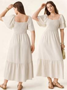 Comfylo Vestido de manga corta con cuello cuadrado, volantes y fruncidos en la Bottom, talla grande, unicolor, cómodo y holgado, estilo bohemio, ideal para el Día de la Madre, graduación, verano, vestido fluido blanco, atuendos de vacaciones y playa para mujer, atuendos de vacaciones, vestidos de sol para mujer - Albaricoque - Ver 2