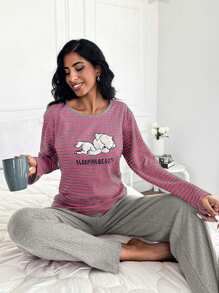 EURMUSE 100%Cotton Striped & Cartoon Graphic PJ Set - Hot Pink - View 5