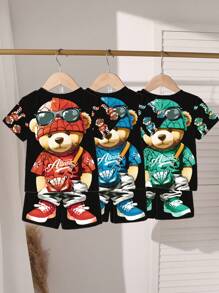 Ensemble 2 pièces t-shirt à manches courtes et shorts, imprimé ourson de bande dessinée pour jeune garçon, été - Noir - Voir 2