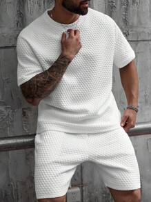 Manfinity Homme 大码男士纹理面料短袖T恤和短裤两件套休闲装