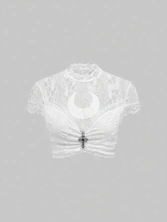 Goth Blusa de encaje extremadamente corta con bordado de luna gótica para mujeres