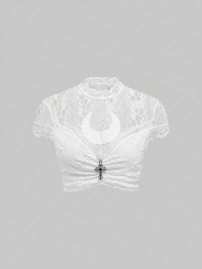 Gothic Moon Embroidery Extremely Short Lace Women Blouse