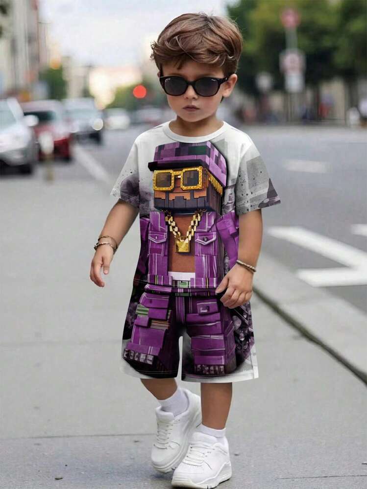 Bộ 2 áo thun tay ngắn cổ tròn tối giản giản dị cho bé trai và quần short, phù hợp cho mùa hè - Nhiều màu - Xem 1