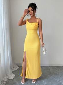 Elenzga Robe élégante à col drapé asymétrique avec volant, fendue, de couleur crème jaune - Jaune citron - Voir 6