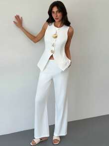 Aloruh New Sleeveless Jacket With Metal Button Decor + Straight-Leg Pants, Suitable For Spring/Summer Office And Resort Wear - White - View 2