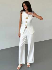 Aloruh New Sleeveless Jacket With Metal Button Decor + Straight-Leg Pants, Suitable For Spring/Summer Office And Resort Wear - White - View 5