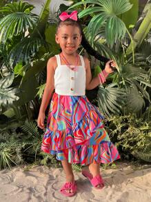 SHEIN Set de 2 piezas para niñas jóvenes compuesto por top de tirantes blanco con botones falsos y falda asimétrica con estampado floral, conjunto casual y de moda para niña preadolescente en verano para exteriores