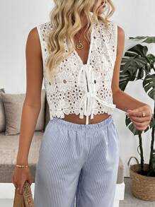 Breezaya 女士蕾丝镂空刺绣无袖优雅迷人背心 - 白色 - 查看 3