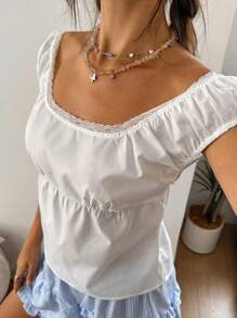 Jouncy 女式休闲纯色蕾丝边T恤，夏季 - 白色 - 查看 7