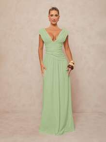 Lumalex 女式纯色深V领褶饰腰性感连衣裙 - 薄荷綠 - 查看 6