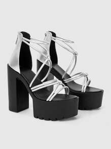 ROMWE Grunge Punk 女式厚底高跟交叉踝带银色凉鞋，哥特朋克风格圆头细带露趾时尚鞋，适合夏季、万圣节 - 銀色 - 查看 2