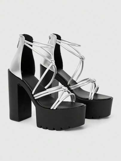 Grunge Punk Women's Thick Sole High Heel Criss-Cross Ankle Strap Silver Color Sandals, Gothic Punk Style Round Toe Thin Strap Open Toe Fashionable Shoes For Summer