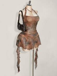 SHEIN ICON 加大码方领露背腰褶饰荷叶边下摆扎染连衣裙，夏季度假，波西米亚风，女士夏装