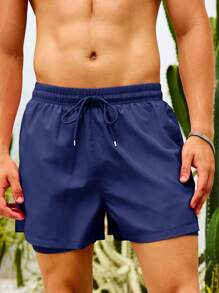 Manfinity Swimmode Men's Solid Color Drawstring Waist Double Layer Beach Shorts - Navy Blue - View 6