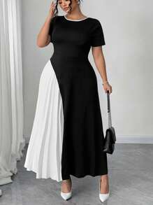 SHEIN CURVE+ Plus Size Contrast Color Pleated Design Butterfly Decor Back Top Women Casual Dress Women Dresses Birthday Women Birthday Outfit Women Plus Black Dress Women S Clothes Women Dresses Elegant Gown