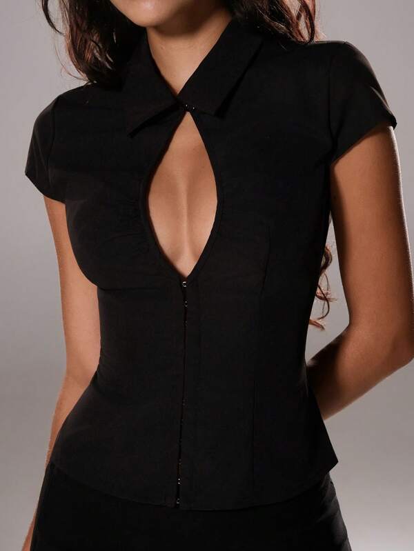 TRNVIE Vară elegantă femei navetiste decupată sexy cu guler cu nasturi birou stil sirenă mânecă scurtă cămașă top