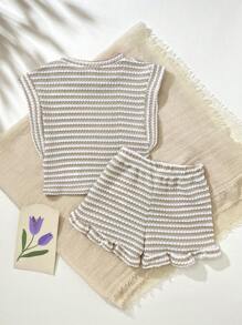 SHEIN Playful Pals 2pcs/Set Baby Girl Infant Toddler 0-3Y Casual Vacation Daily Black & White Striped Ruffle Sleeve Crew Neck T-Shirt Top And Shorts Set, Spring/Summer
