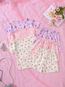 SHEIN Dozemod Kids Young Girl 6pcs Set Cute Cartoon Rabbit, Cat, Mermaid Print Ruffled Round Neck Short Sleeve Shorts Knit Loose Pajamas For Summer - Multicolor - View 2