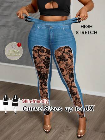 SHEIN CURVE+ Plus Size High Elasticity Leggings, Casual Versatile Denim Effect Rose Floral Print Leggings, Suitable For Spring/Summersummer/Country/Beach Vacation Outfits/Beach Outfits/Beach Wear