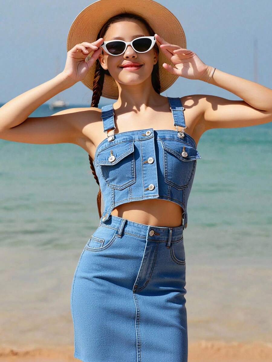 少女牛仔两件套服装