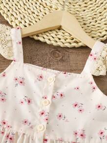 SHEIN Genkimix Kids Bộ 2 áo yếm ren in hoa cho bé gái và quần dài cạp chun - Hồng - Xem 3