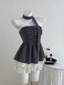Elamini Lace Hem Crop Top With Plaid Strap Details