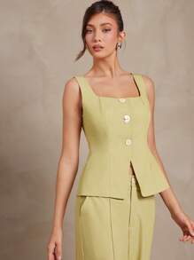 L'Amorae Women Square Neck Resin Button Detail Summer Vacation Old Money Sage Color Office Top Waistcoat - Green - View 4