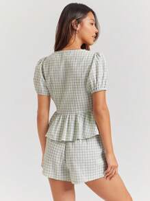 WESTFADE Summer Gingham Deep Scoop Neck Short Puff Sleeve Cute Bow Front Ruffle Peplum Top & Drawstring Elastic Waist Relaxed Fit Shorts Women Two Pieces Outfit Matching Set - Green - View 2
